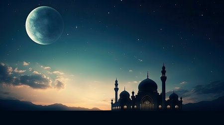 Silhouetted mosque under a crescent moon and starlit sky. Peaceful night scene.の写真素材