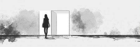 Silhouette of a woman facing an open door, symbolizing choice and new beginnings.の写真素材
