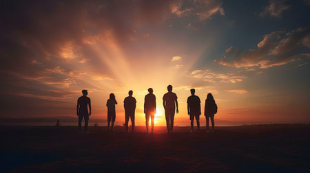 Seven friends silhouetted against a vibrant sunset. A breathtaking view.の写真素材