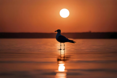 A lone seagull stands in shallow water at sunset, its silhouette sharply defined against the fiery sky.の写真素材