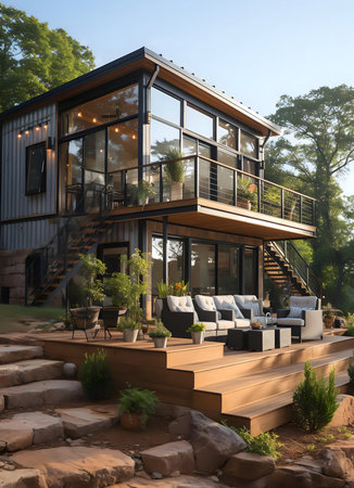 Stunning modern house design with large glass windows and outdoor deck