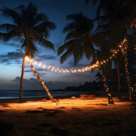 A magical beach scene at night, with palm trees adorned with fairy lights, creating a romantic and serene atmosphere.の写真素材