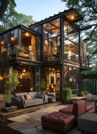 Stunning modern glass house nestled in nature, illuminated at night.の写真素材