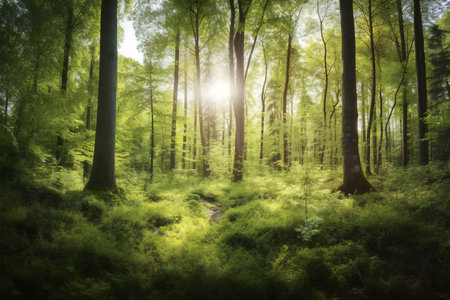 A sunlit forest path, bathed in the warm glow of morning sunlight, creates a serene and peaceful atmosphere.の写真素材
