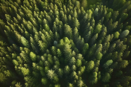A breathtaking aerial shot showing a dense forest with vibrant green trees.