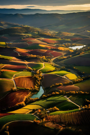 Stunning aerial view of colorful autumn farmlands. Rolling hills, vibrant colors, and a peaceful atmosphere.の写真素材