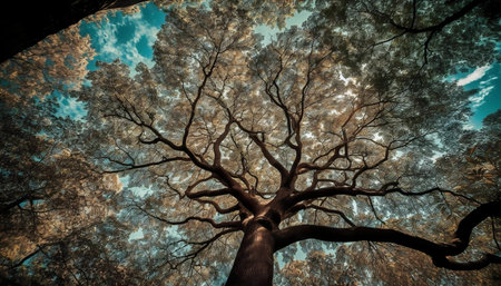Stunning low-angle shot of a large tree's canopy against a blue sky.の写真素材