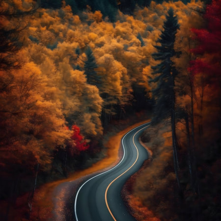 A winding road through a forest ablaze with autumn colors. Golden and red leaves dominate.の写真素材