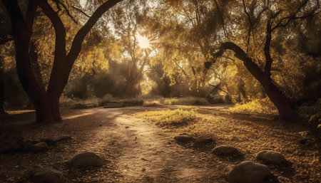 A sunlit path winds through a serene forest bathed in the warm glow of morning light.の写真素材