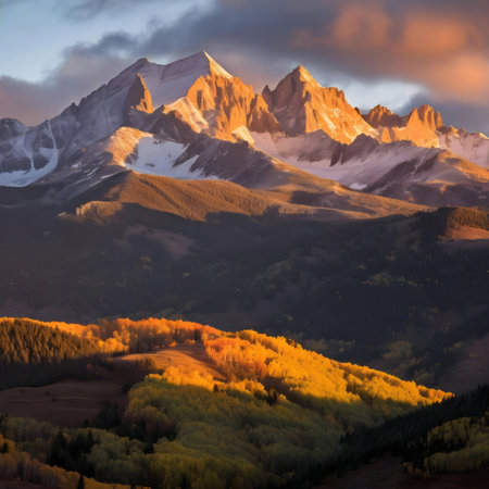 Golden hour illuminates snow-capped mountain and autumnal foliage.の写真素材