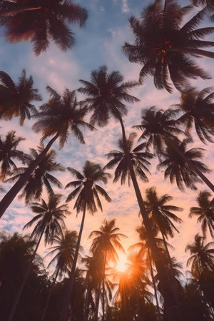Silhouetted palm trees against a vibrant sunset. Tropical paradise.の写真素材