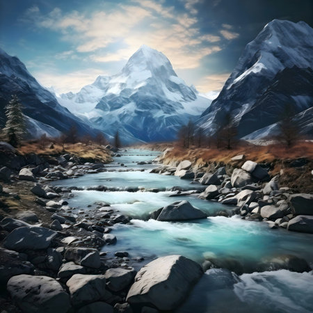 Serene river flowing through a majestic snowy mountain range.の写真素材