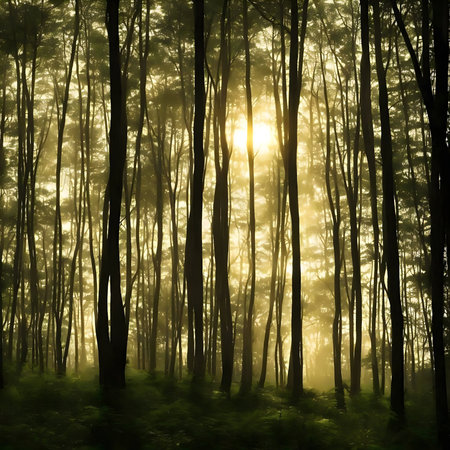 Sun rays pierce through a misty forest, creating a magical golden hour scene.の写真素材