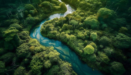 Stunning aerial shot of a vibrant river cutting through a dense rainforest