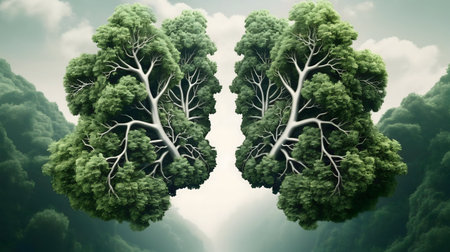 A digital art piece depicting lungs formed by trees, symbolizing nature's breath and environmental health.の写真素材