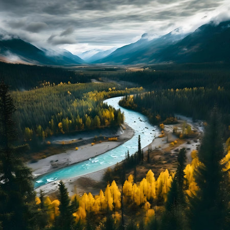 Autumnal river meanders through a mountain valley.の写真素材