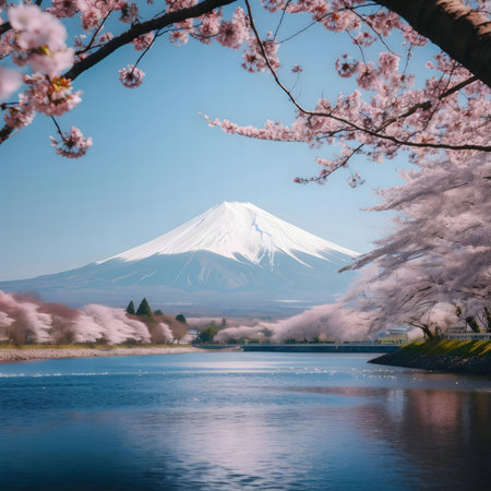 Mount Fuji, a breathtaking view in spring with blooming cherry blossoms surrounding a tranquil lake.の写真素材