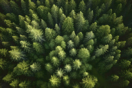 An aerial shot showcasing a dense forest of lush green evergreen trees.の写真素材