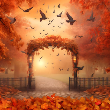 A dreamy autumn scene, a misty path leads through a gate adorned with vibrant fall foliage, surrounded by birds in flightの写真素材