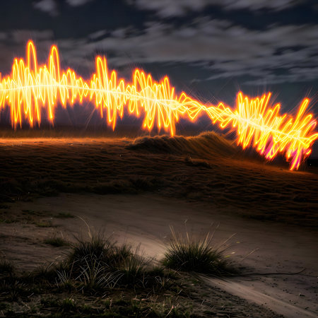 Abstract light painting artwork depicting a soundwave over sand dunes at night.の写真素材