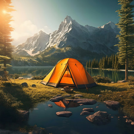 A stunning orange tent sits peacefully beside a tranquil lake with magnificent mountains as a backdrop.の写真素材