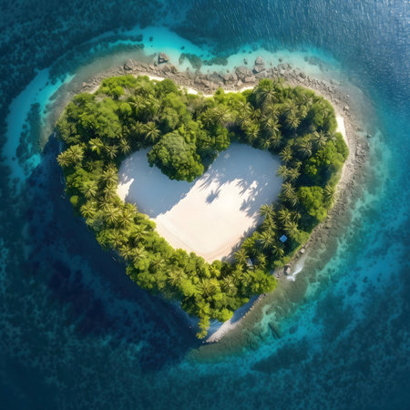 Aerial view of a heart-shaped island, a stunning tropical paradise with white sand beach and lush greenery.の写真素材