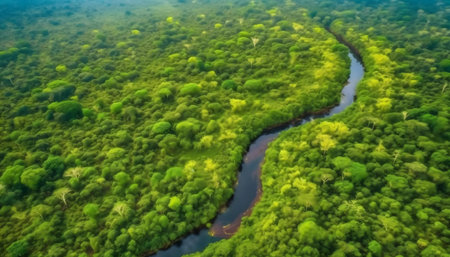 Stunning aerial shot of a river snaking through a vibrant, dense rainforest. Green canopy stretches far and wide.の写真素材