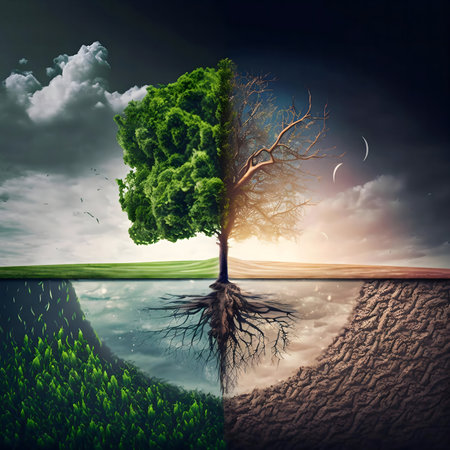 A surreal image of a tree split, showing life and death, growth and decay. It represents the duality of nature.の写真素材