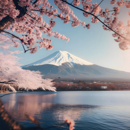Mount Fuji's serene beauty, framed by vibrant cherry blossoms.の写真素材