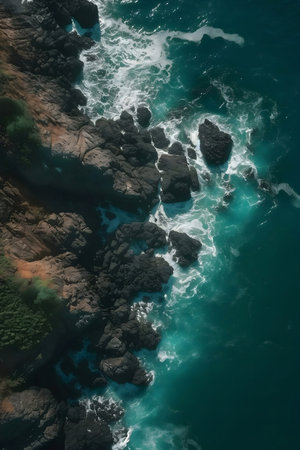 Stunning aerial shot of ocean waves breaking on dark volcanic rocks. Turquoise water contrasts with the rugged coastline.の写真素材