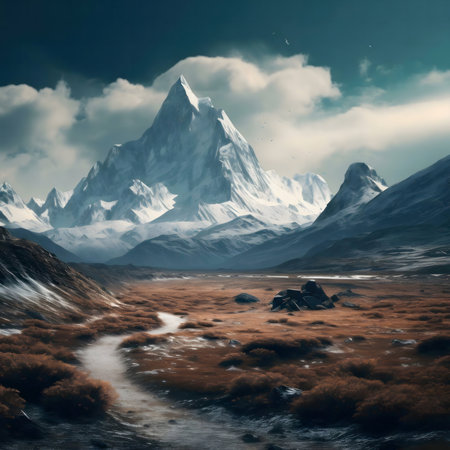 Serene mountain landscape with snow-covered peaks and a tranquil valley.の写真素材