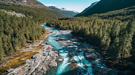 Breathtaking aerial view of a turquoise river flowing through a lush green mountain valley.の写真素材