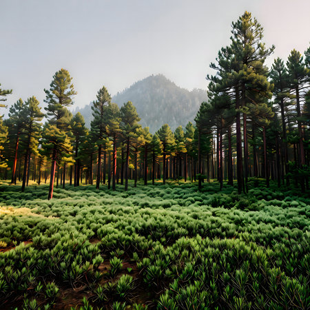 Majestic pine forest, tranquil mountain backdrop. Serene dawn light.の写真素材