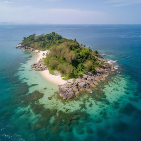 Stunning aerial shot of a secluded tropical island. Lush greenery, pristine beach, crystal-clear water.の写真素材
