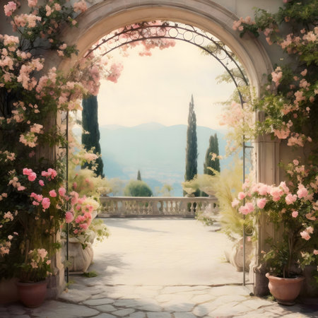 A picturesque rose garden archway opens to a breathtaking mountain view. Soft, pastel tones create a serene atmosphere.の写真素材