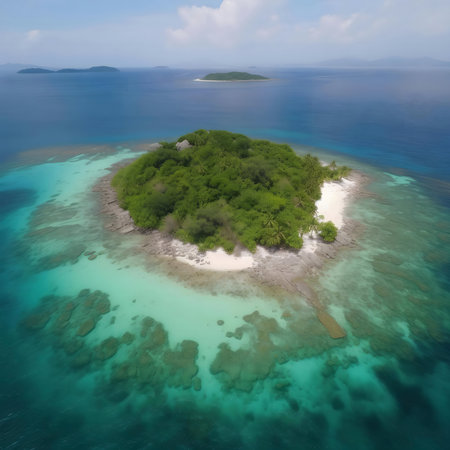 Stunning aerial view of a tropical island. Lush greenery, white sand beach, and crystal-clear turquoise waters.の写真素材