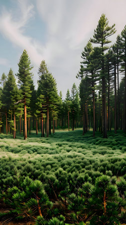A picturesque view of a peaceful pine forest, bathed in sunlight. The scene evokes a sense of tranquility.の写真素材