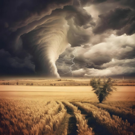 A massive tornado approaches a golden wheat field under a dramatic, lightning-filled sky.の写真素材