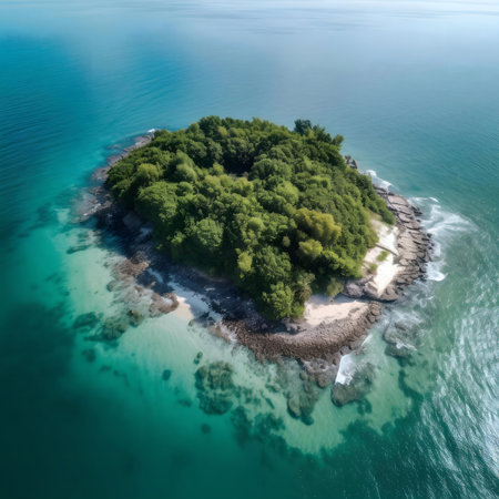 Stunning aerial view of a lush green island in turquoise waters.の写真素材