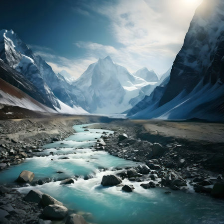 Stunning mountain river flowing through a snow-capped valley.の写真素材