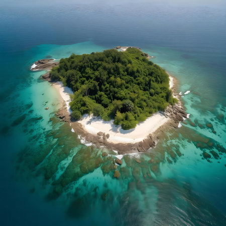 Stunning aerial view of a secluded tropical island with a pristine beach.の写真素材