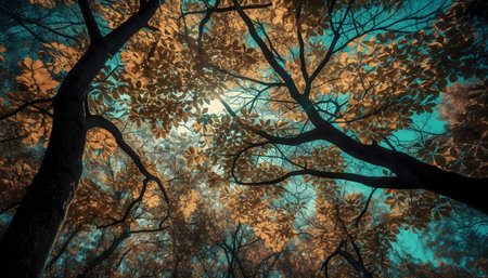 Surreal infrared photo of forest canopy. Teal and orange hues.の写真素材