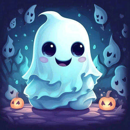 A charming digital illustration of a friendly ghost, enjoying a Halloween night.の写真素材