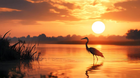 A heron wades through the lake at sunrise. The sun casts a golden glow.の写真素材