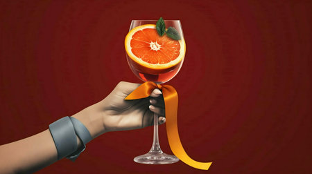 Close-up of a hand presenting a refreshing orange cocktail garnished with a ribbon.