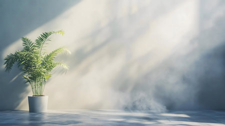 A serene minimalist interior scene with a potted plant and sunlightの写真素材