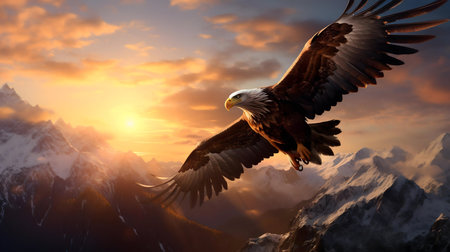 Eagle in flight over majestic mountains during sunset.の写真素材