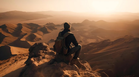A man sits at top of a rocky outcrop, gazing at a breathtaking desert panorama at sunrise. The scene evokes peace and adventure.の写真素材