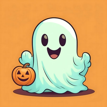 A cute cartoon ghost smiles happily while holding a pumpkin. Perfect for Halloween!の写真素材