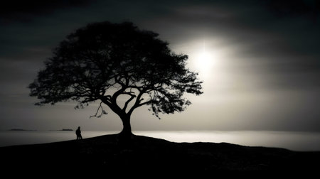 A lone figure stands beneath a large tree overlooking a misty lake at dawn. The scene is serene and...
